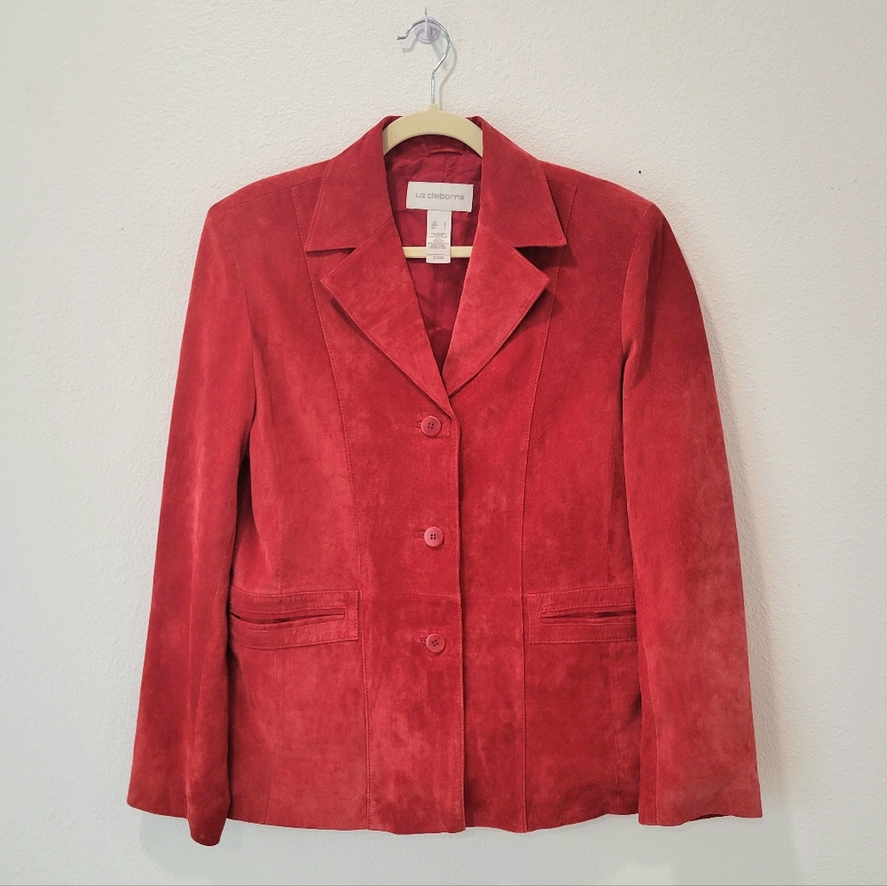 Liz Claiborne Red Suede Blazer Womens Large Button Up Padded Shoulder